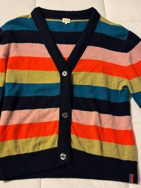 KULE Navy-Trim Striped V-Neck Cardigan in Coral, Teal & Olive